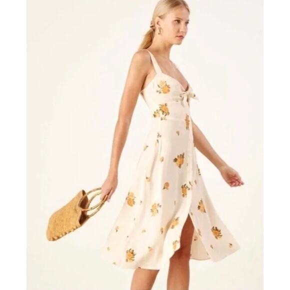 Reformation 6 Frankfort Button Front Floral Dress Tie Front Silky Yellow White - Picture 7 of 11